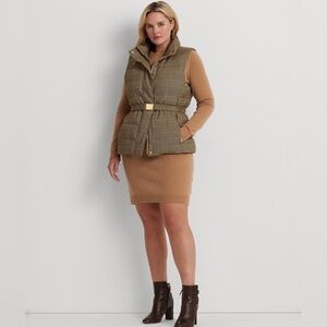 Ralph Lauren Women's Glen Plaid Quilted Tweed Down Vest Brown‎ Size 14W NWT $345